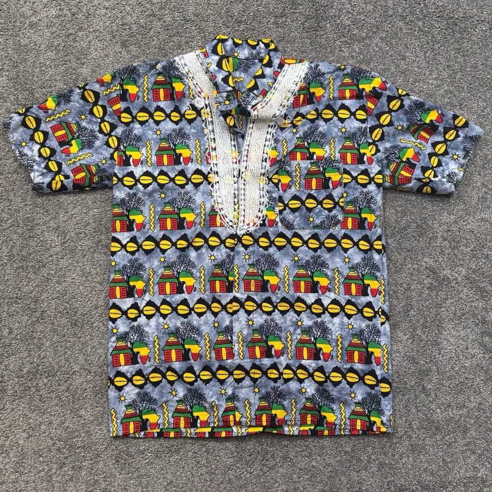 Mens M African Dashiki Shirt Tribal Print Map Kente Ethnic Rasta Boho Handmade